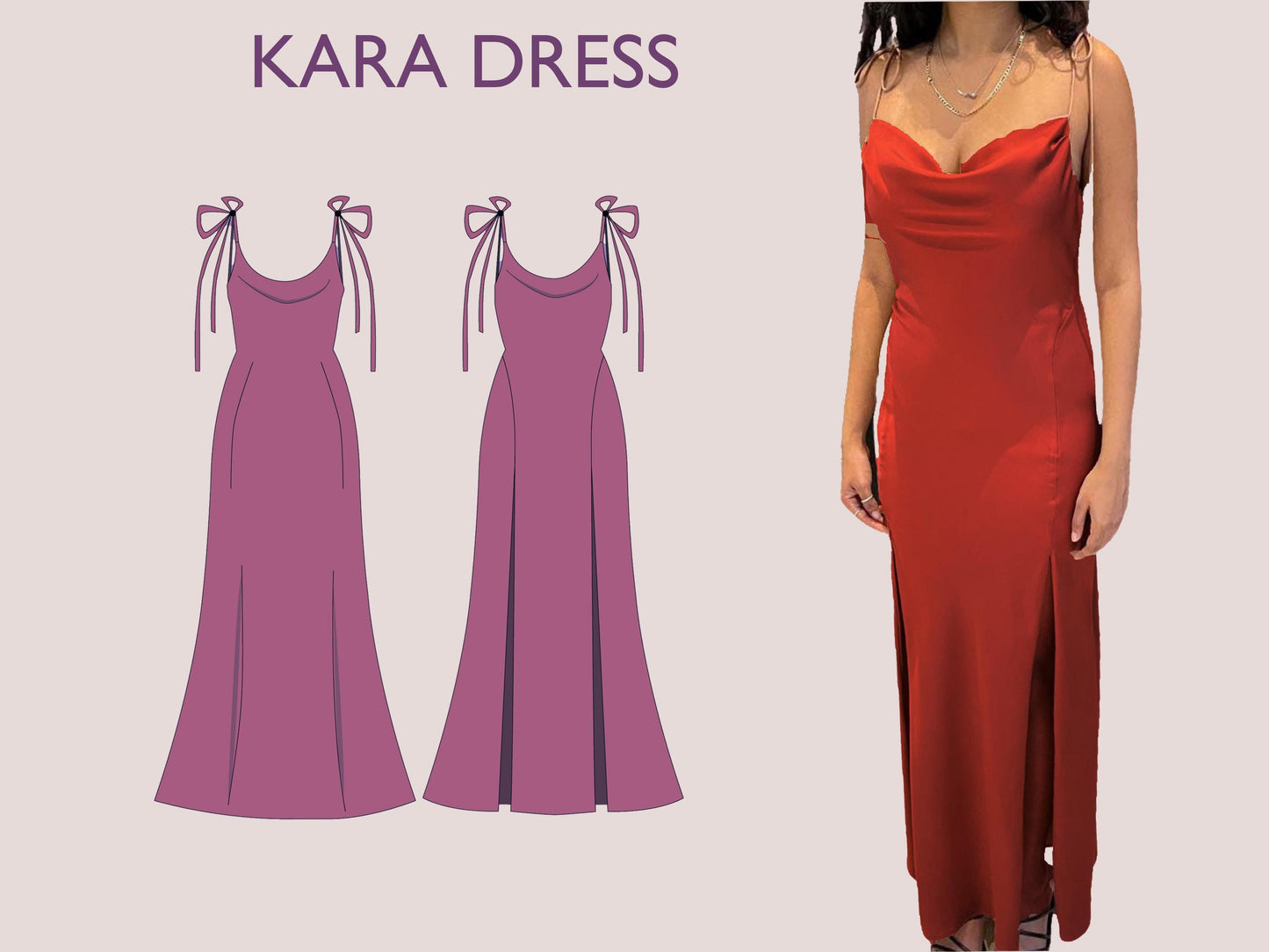 KARA Dress - slit dress| cowl neckline | Tie-up spaghetti straps | Women thigh slit| long| one piece | Fancy| Sleeveless| sewing pattern pdf