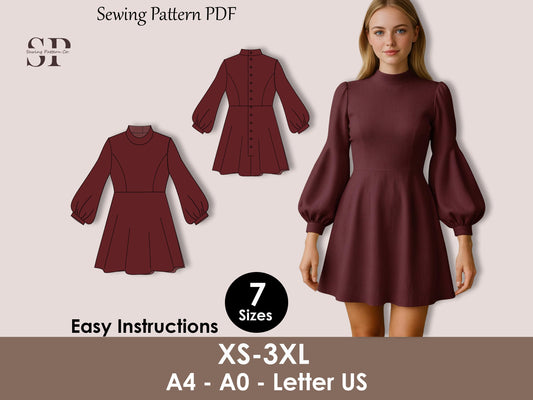 High Neck A-Line Dress PDF, Bishop Sleeve Mini Dress Sewing Pattern, Cottage core Vintage Style 90s 70s