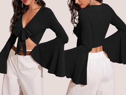 ELENA Top - Fairy sleeves top | 70s inspired pattern | wide sleeve, tie top, V neck | women Top digital sewing Pattern PDF