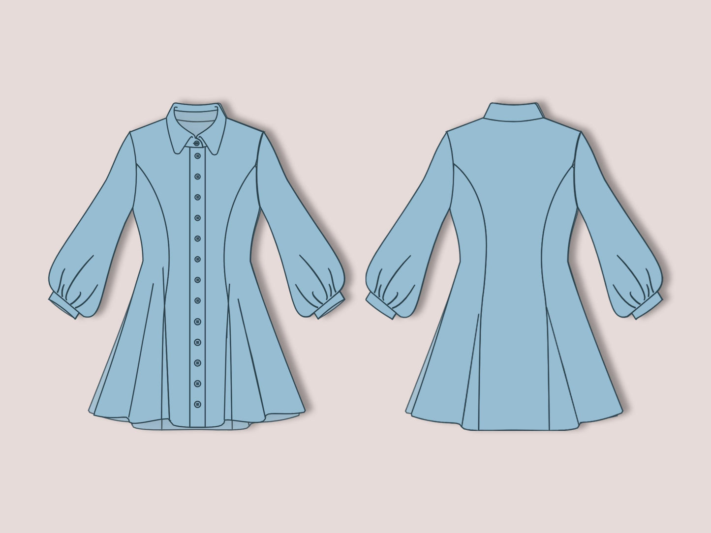 Bishop Sleeve Shirt Dress PDF Sewing Pattern | Button Front Fit & Flare Dress | Vintage Inspired puffy sleeves