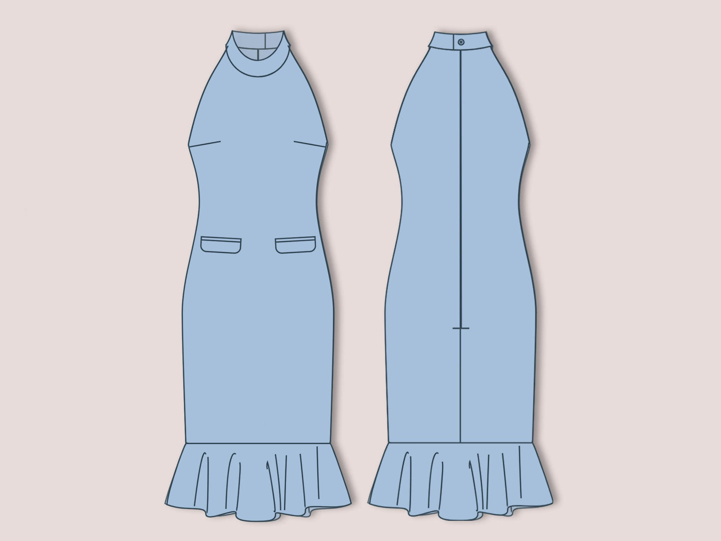 Halter Neck Pencil Dress Sewing Pattern PDF, Bodycon Cocktail Midi with Ruffle Hem XS-5XL