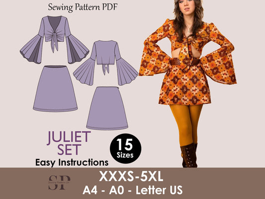 JULIET Set - 1970s Inspired Dress | boho set | Tie-front crop top deep neckline | Bell sleeve top, Short skirt dress| sewing Pattern PDF
