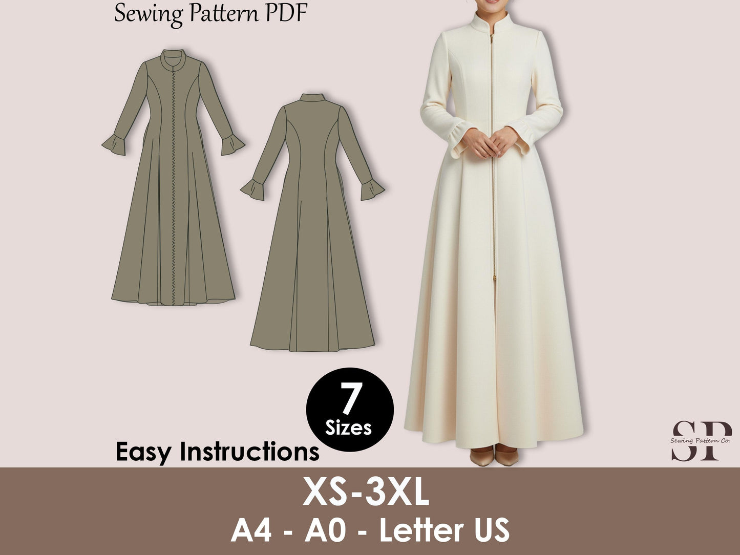 Medieval Cloak Dress Sewing Pattern PDF, Zipper Front Coat XS-3XL, Renaissance Costume PDF, Long Flared Dress Pattern