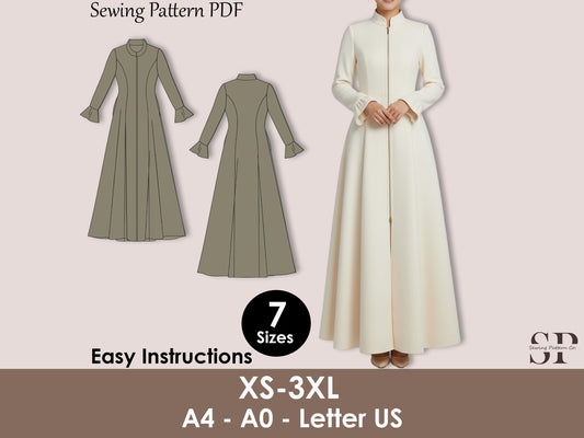 Medieval Cloak Dress Sewing Pattern PDF, Zipper Front Coat XS-3XL, Renaissance Costume PDF, Long Flared Dress Pattern