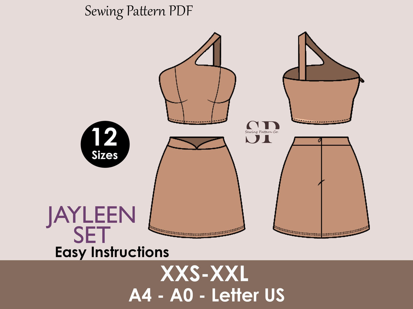 JAYLEEN Set - Skirt and crop top pattern| One shoulder top | Sleeveless, Short skirt| Women summer set sewing Pattern PDF party dress