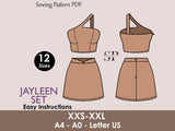 JAYLEEN Set - Skirt and crop top pattern| One shoulder top | Sleeveless, Short skirt| Women summer set sewing Pattern PDF party dress