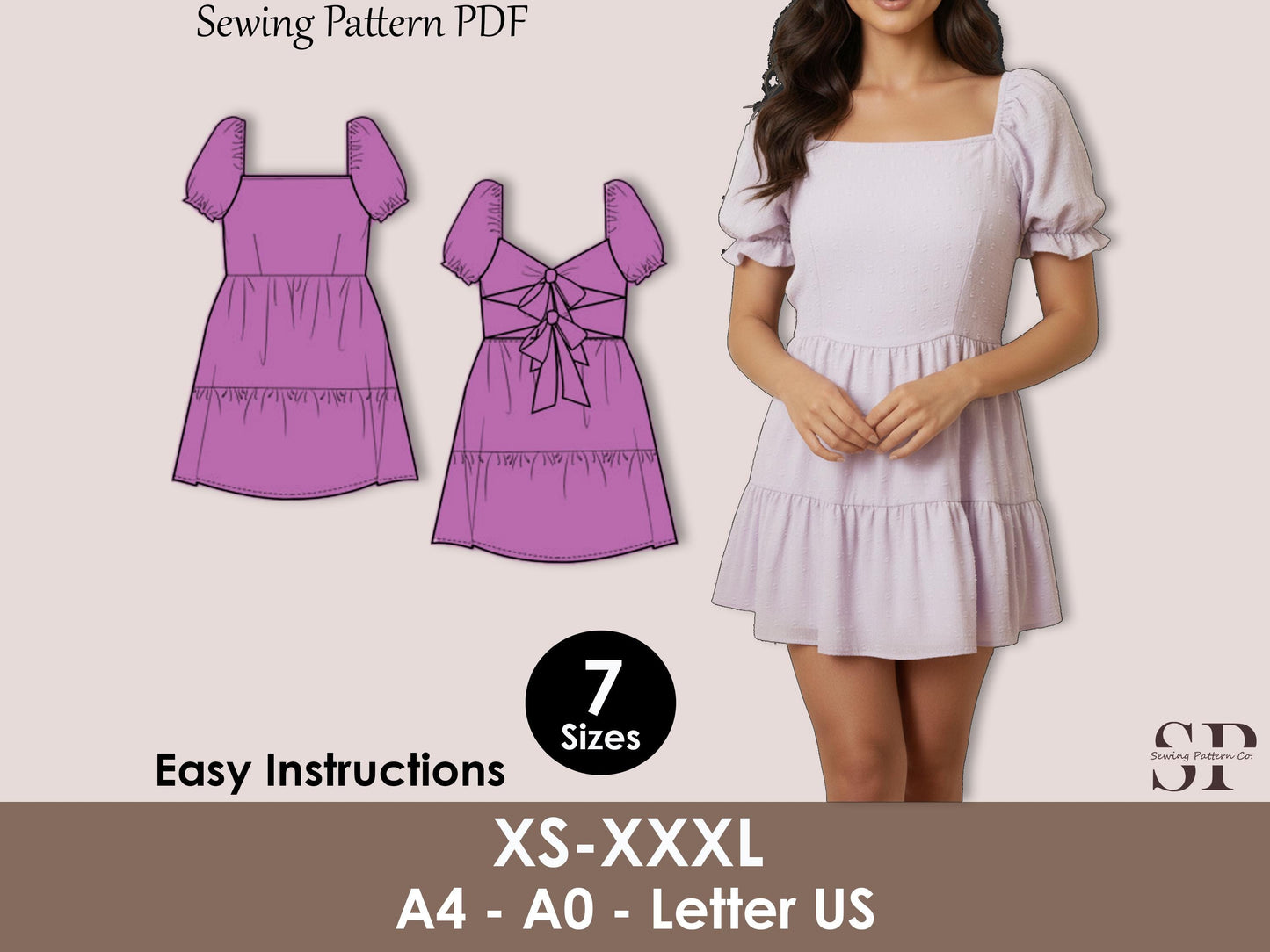 Back Tie Mini Dress Sewing Pattern, Puff Sleeve, Ruffle Tier, Backless Dress - XS-XXXL