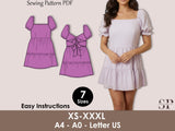 Back Tie Mini Dress Sewing Pattern, Puff Sleeve, Ruffle Tier, Backless Dress - XS-XXXL