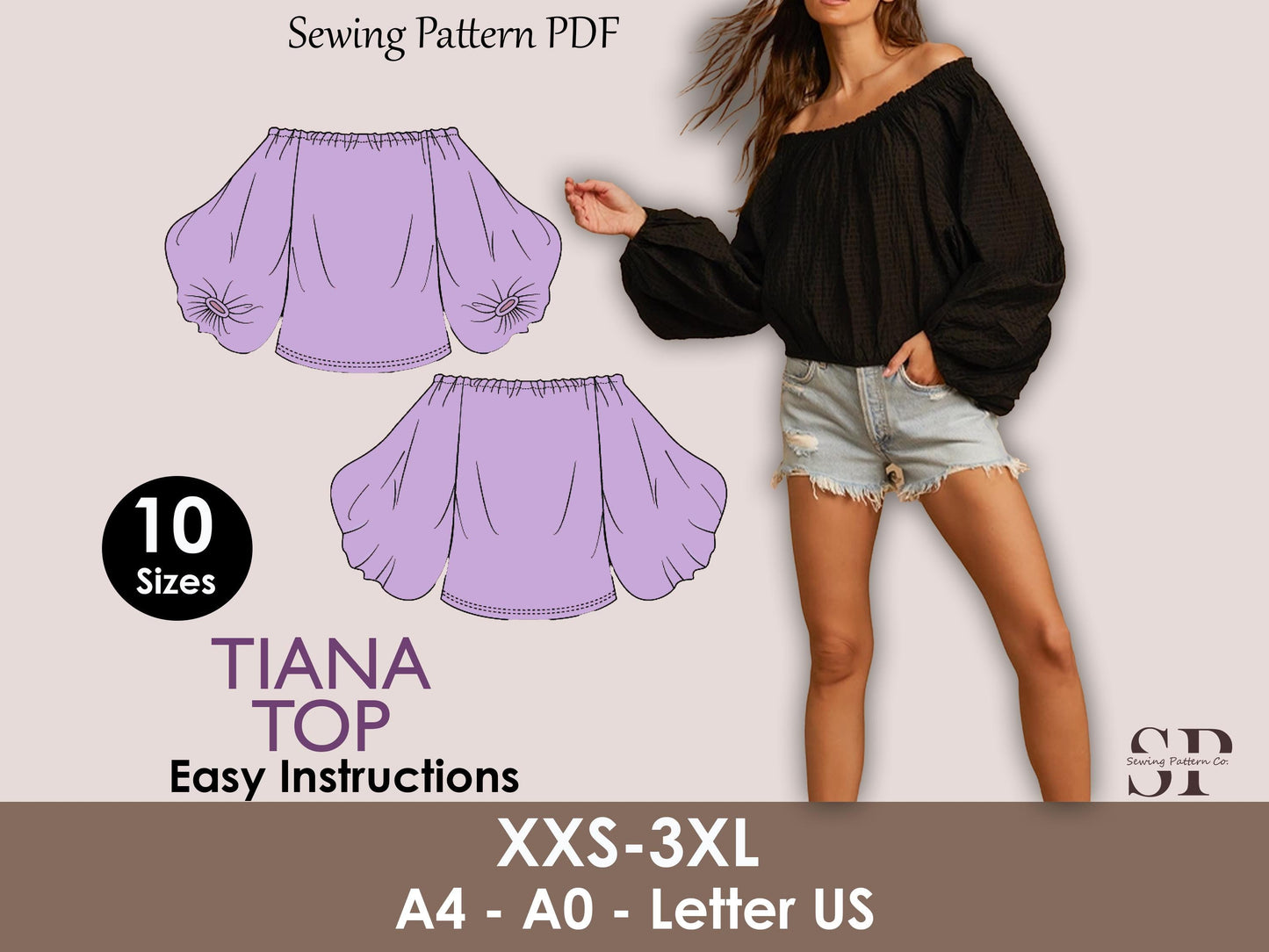 TIANA Top - Off shoulder puffy sleeve top  | Top sewing pattern | oversize summer top , Puffed top, women Top digital sewing Pattern PDF