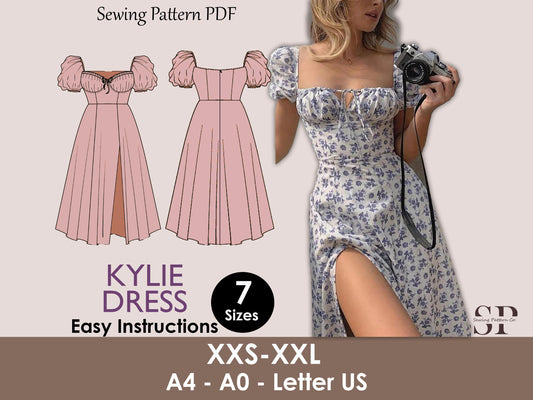 KYLIE Dress - cottage core midi dress| slit dress pattern | Milkmaid dress | Women puffy sleeve| barbie Bustier dress| one piece | pdf