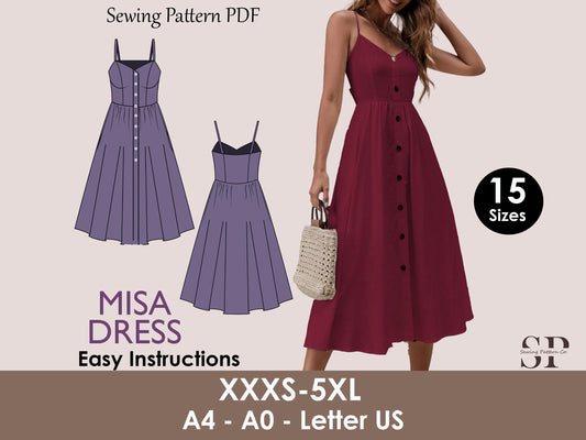 MISA Dress Sewing Pattern PDF – Bustier Midi Dress – Button Down Summer Dress – Spaghetti Strap Dress – Digital Download – Sizes XXXS-5XL
