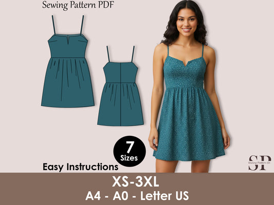 Spaghetti Strap Mini Dress Sewing Pattern PDF | Summer Sundress XS-3XL