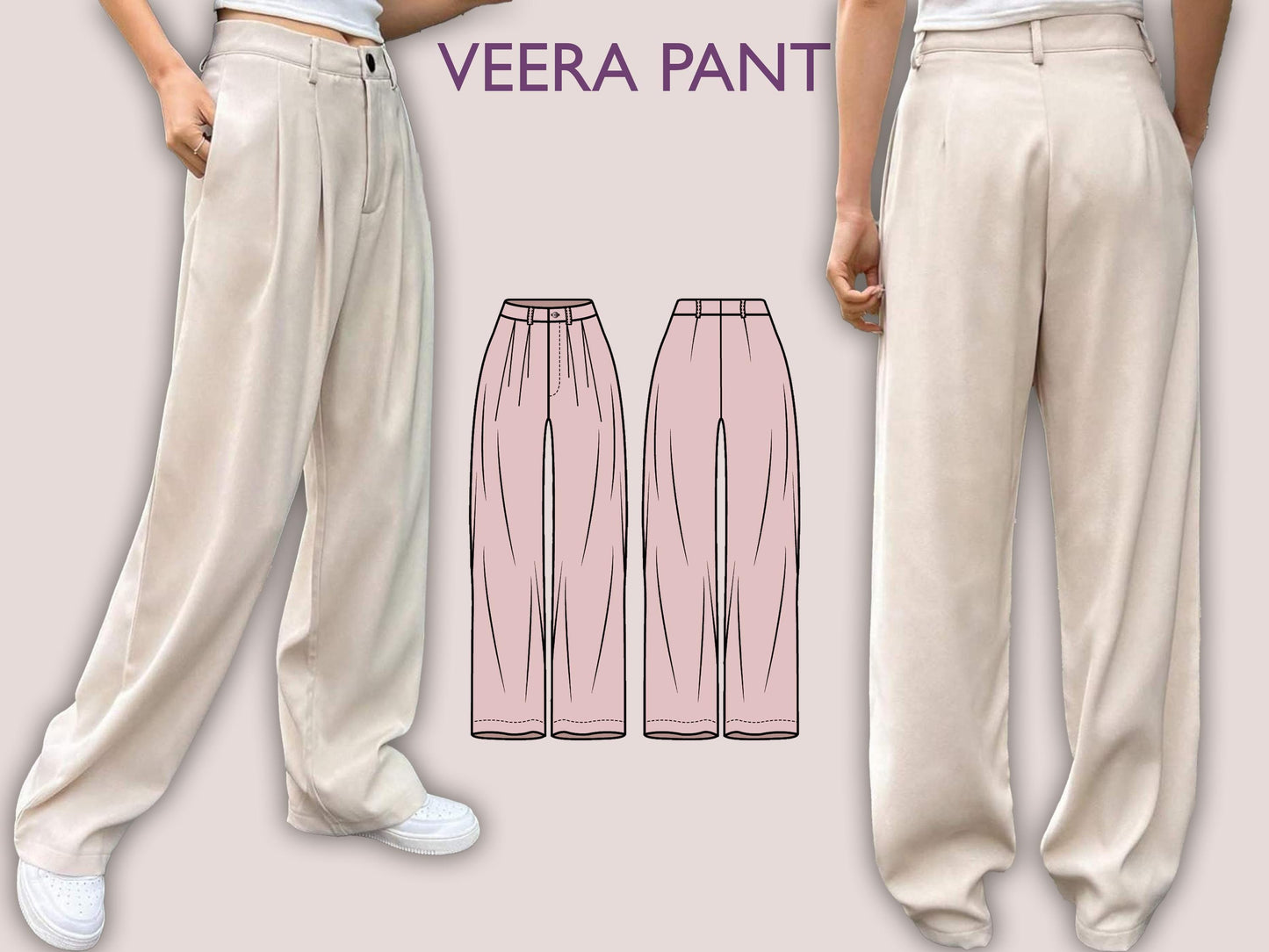 VEERA Pant Sewing Pattern | Wide classic | pleat pant | straight | casual| Elastic waist| Women sewing pattern| Digital Pants Trousers PDF