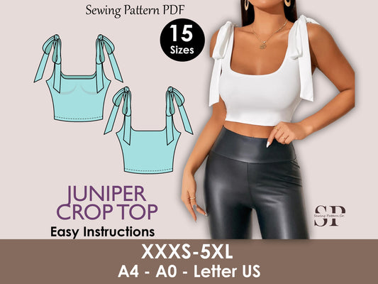 JUNIPER Crop Top - shoulder strap tie top| Top sewing pattern | Bow straps crop top , short summer top, women Top digital sewing Pattern PDF