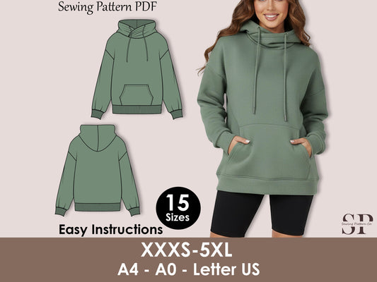 Cross Neck Hoodie Sewing Pattern PDF, Women’s Pullover Hoodie Pattern, Cozy Cowl Neck Sweatshirt- 15 Sizes