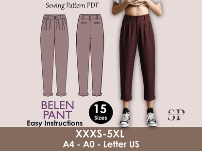 BELEN Pant- cuffed pant pattern | Ankle length women trouser | 70s, 90s pant| stretchy| casual| Women Trouser sewing pattern| Digital Pants