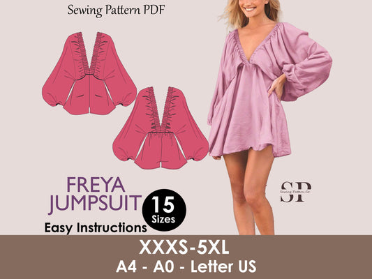 FREYA Jumpsuit - Bustier pattern | Deep V Neckline | Women skirt jumpsuit pattern| Puffy Sleeves, short dress| sewing Pattern PDF long puff