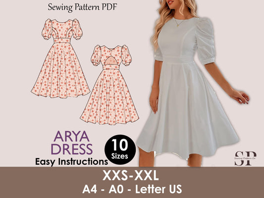 ARYA dress- Midi backless dress | puffy sleeve |  | Women dress pattern | wedding dress prom| backless fairy dress| 10 sizes sewing pattern