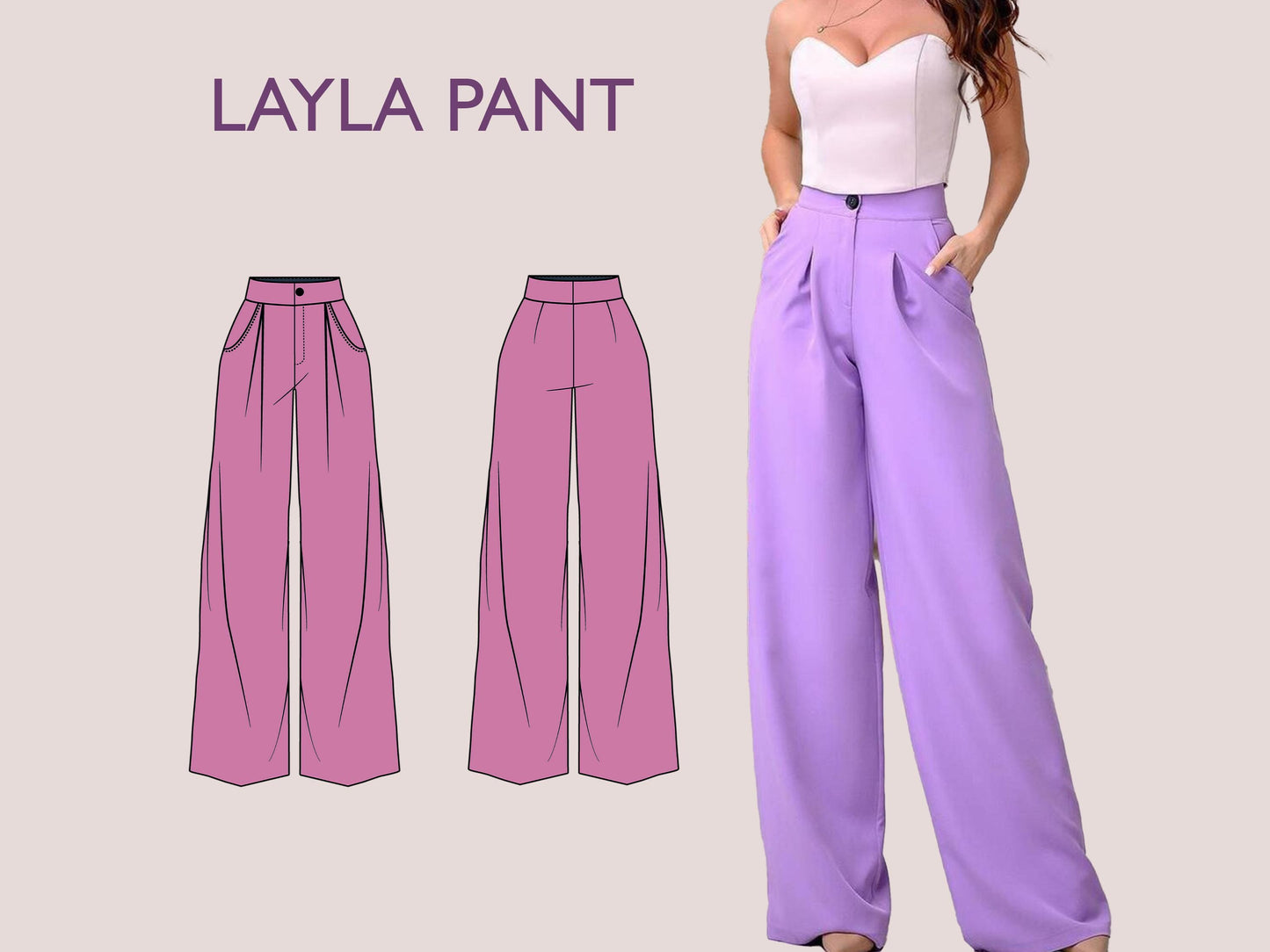 LAYLA Pants Sewing Pattern PDF | Wide Leg Trousers with Pockets | High Waist Pants | Digital Pattern | 15 Sizes XXXS–5XL | women, girl