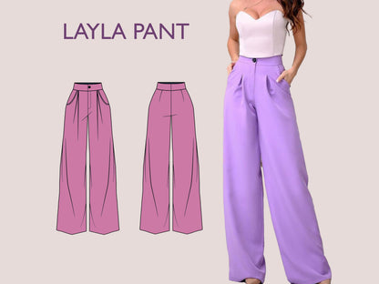 LAYLA Pants Sewing Pattern PDF | Wide Leg Trousers with Pockets | High Waist Pants | Digital Pattern | 15 Sizes XXXS–5XL | women, girl