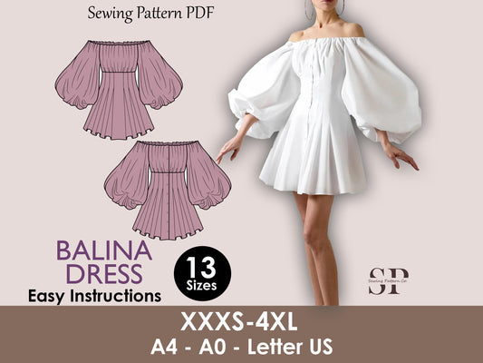Off shoulder puff sleeve dress sewing pattern | puffy sleeve dress pattern | 13 sizes | women dress sewing pattern | Party, Wedding, Prom