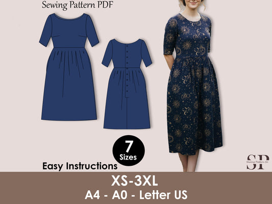 Cottage core Linen Dress Sewing Pattern PDF – Gathered Waist Midi Dress with Pockets, Loose Fit