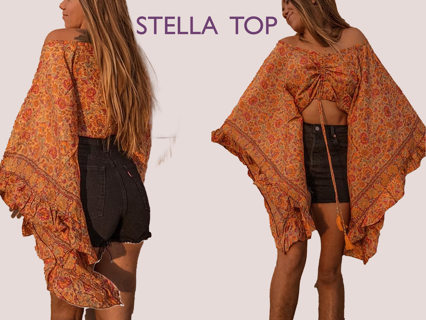 STELLA Top - Boho blouse pattern | fairy Bell sleeves | wide sleeve, tie top, V neck | 70s women Top digital sewing Pattern PDF|