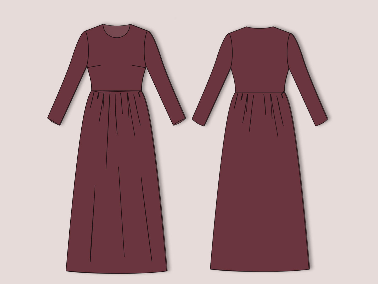 Long Sleeve Maxi Dress Sewing Pattern PDF | Modest Formal Gown XS-3XL | Gathered Waist Skirt