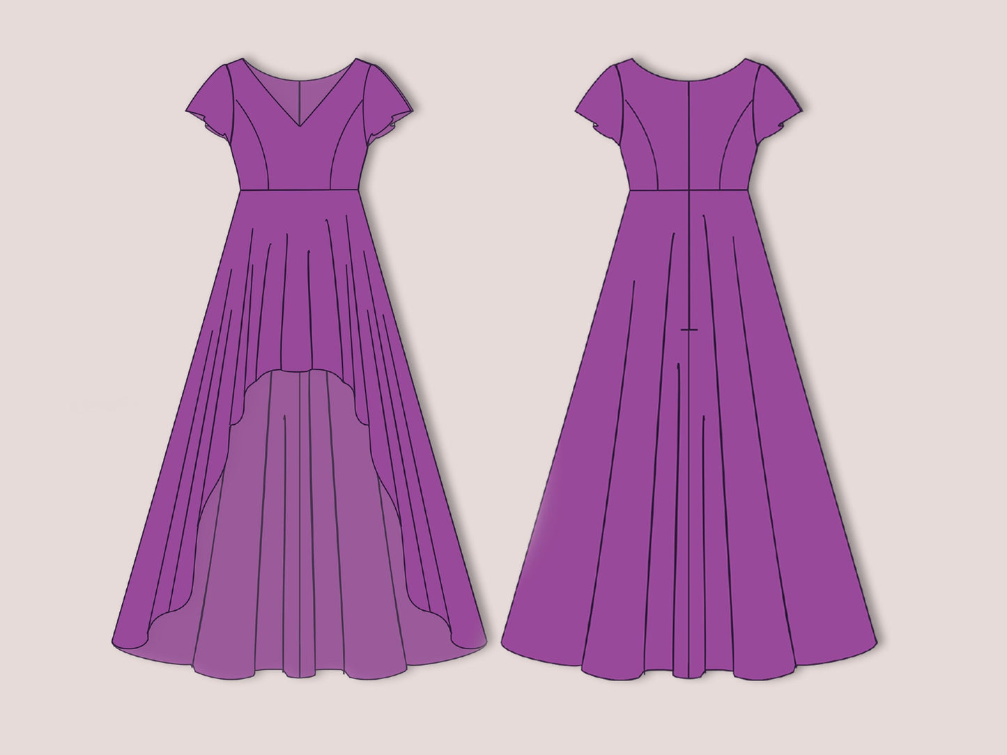 Bridesmaid Dress Sewing Pattern PDF, High Low Hem Dress with Flutter Sleeves, V Neck Formal Gown, Wedding Guest Dress XS-3XL