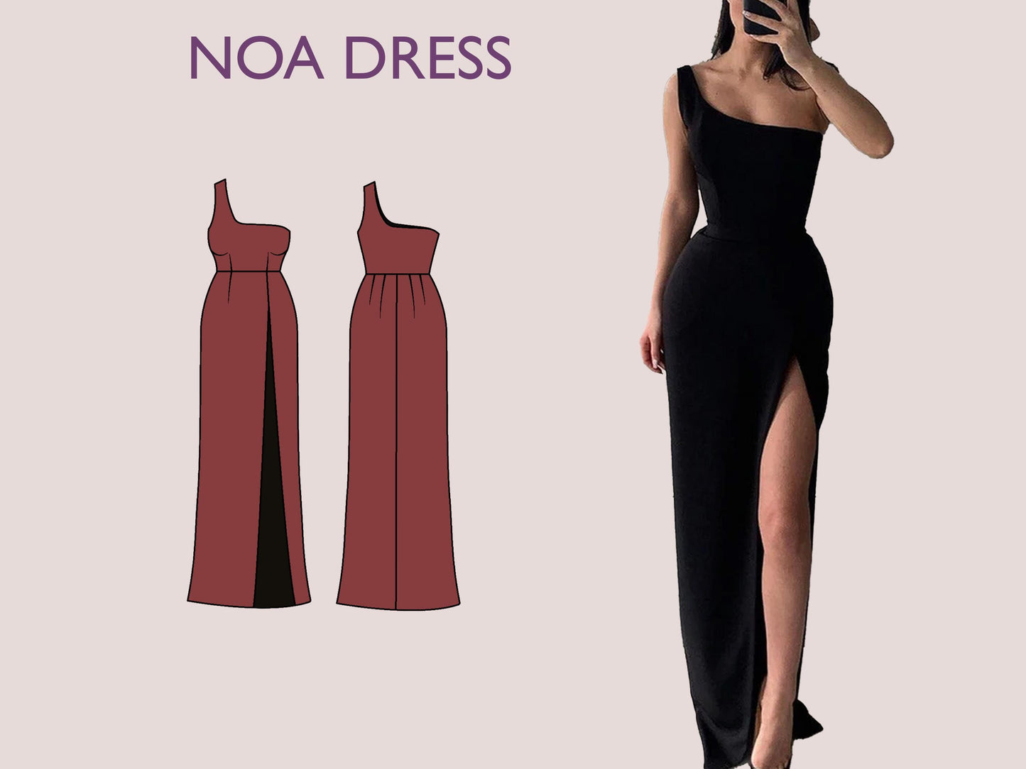 NOA Dress- Slit maxi dress| One shoulder dress | Women dress sewing pattern | long dress sewing pattern | PDF wedding, prom, evening dress
