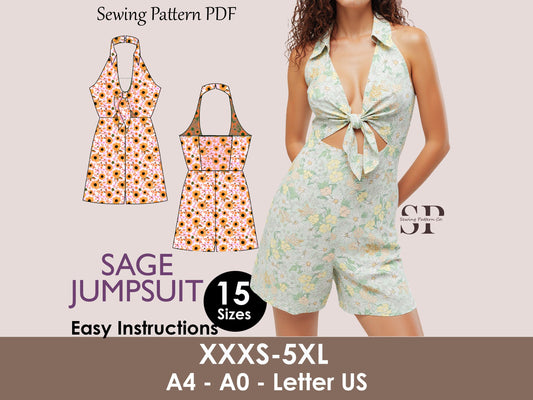 SAGE Jumpsuit - bow tie playsuit | Deep V Neckline | Women short jumpsuit collar with  pattern| Sleeveless , Short dress| sewing Pattern PDF