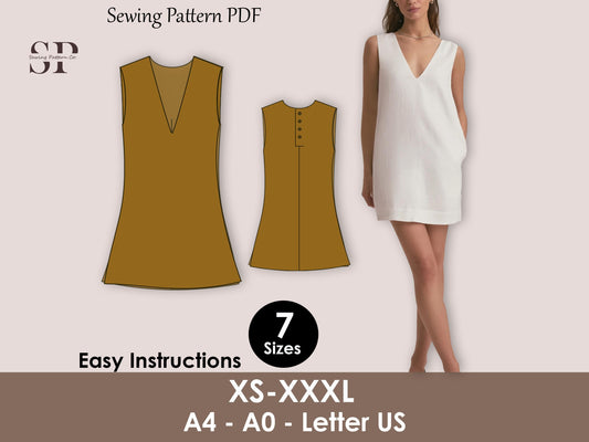Mini Dress Sewing Pattern, Sleeveless V-Neck Shift Linen PDF, Easy Summer Dress, Minimalist Travel Dress, XS–3XL