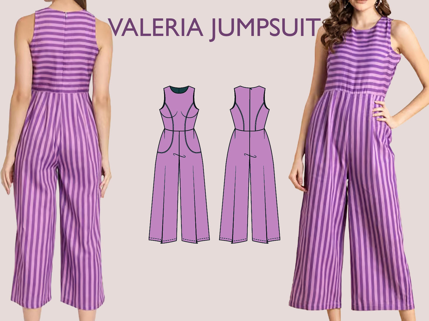 VALERIA Jumpsuit - Summer romper | Round Neckline | Women Long jumpsuit pattern| Sleeveless, short dress| sewing Pattern PD,F broad pant