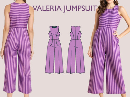 VALERIA Jumpsuit - Summer romper | Round Neckline | Women Long jumpsuit pattern| Sleeveless, short dress| sewing Pattern PD,F broad pant
