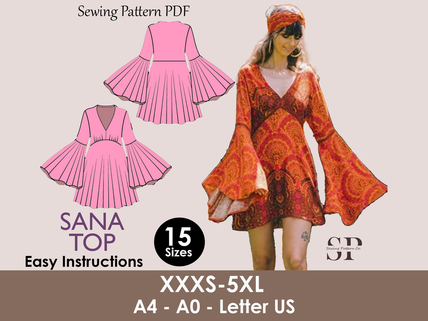 Bell Sleeve Mini Dress | mini dress pattern | PDF sewing pattern 15 size | 70s dress pattern | Sheath, short skirt | women dress pattern