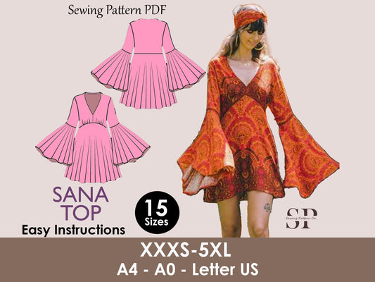 Bell Sleeve Mini Dress | mini dress pattern | PDF sewing pattern 15 size | 70s dress pattern | Sheath, short skirt | women dress pattern