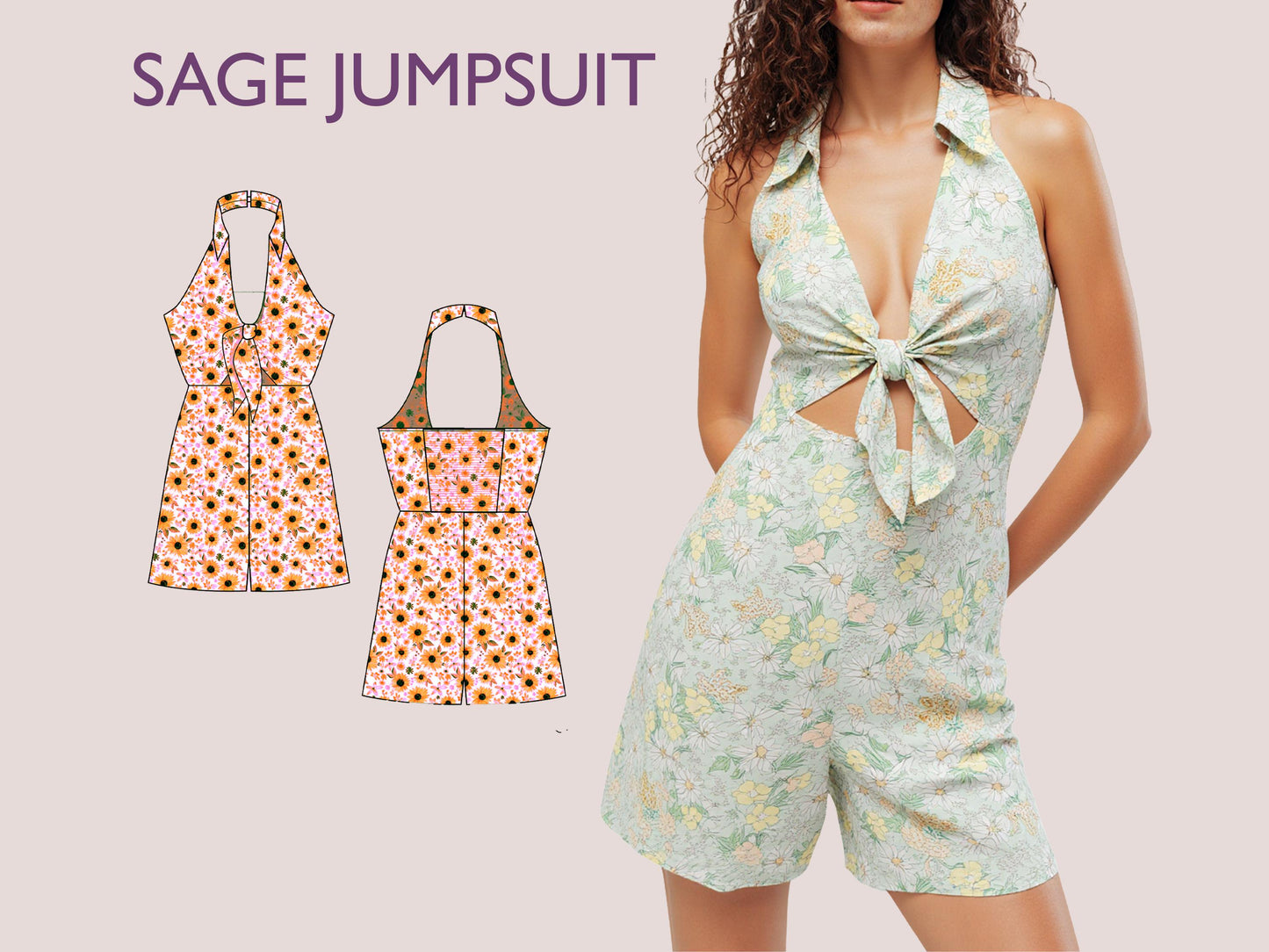 SAGE Jumpsuit - bow tie playsuit | Deep V Neckline | Women short Sleeveless ,sewing Pattern PDF