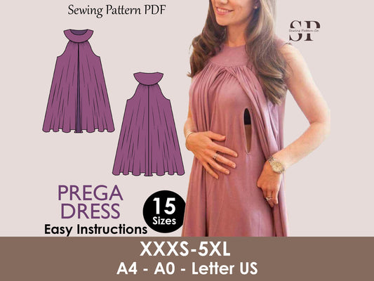 PREGA Dress Pregnancy Flairy dress pattern| nursing dress pattern| Highneck skirt| Nursing dress pattern| women dress Top sewing pattern PDF