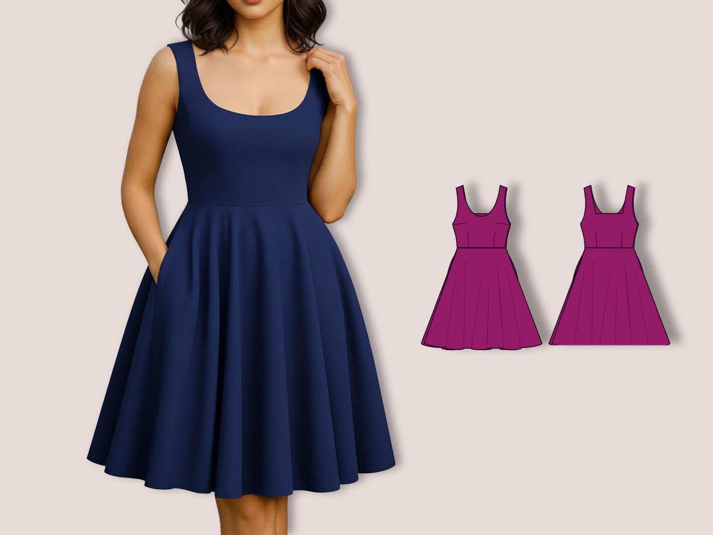 Sleeveless Cocktail Dress with Pockets, Fit and Flare Dress Sewing Pattern PDF, Elegant Skater Dress XS–3XL, Prom or Wedding Guest
