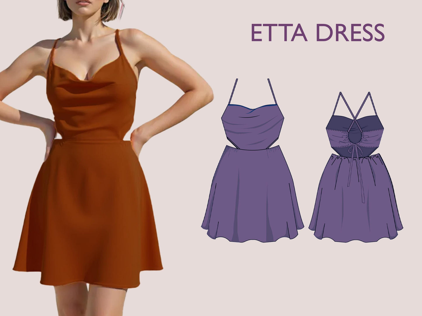 ETTA Dress - cowl neck dress| Summer dress | waist cut | Women sleeveless | fancy back| one piece| hearty cowl neckline | sewing pattern pdf