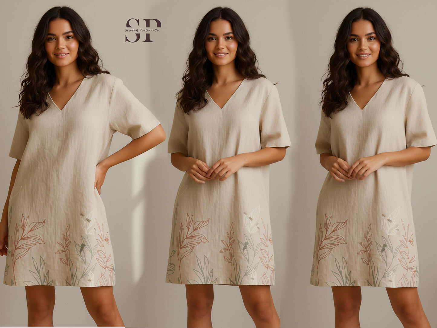 Linen Dress Sewing Pattern PDF – V-Neck Tunic Dress Pattern for Beginners, Loose Fit Summer Dress, Simple Minimalist