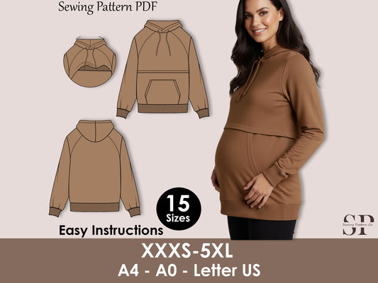 Maternity Nursing Hoodie Sewing Pattern PDF – Breastfeeding Sweatshirt Pattern – Fleece Women’s Hoodie
