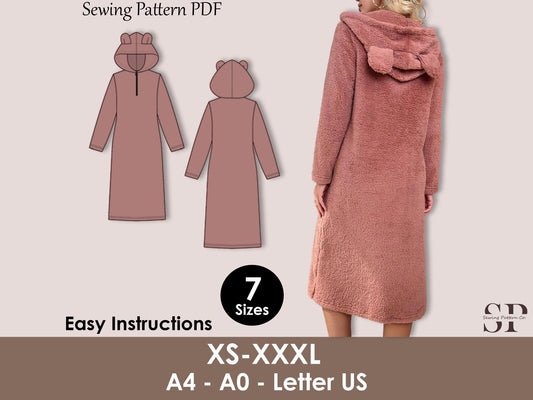 Hooded Nightdress Sewing Pattern PDF, Cozy 3D Ears Loungewear, Sleepwear Dress - XS-XXXL
