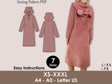 Hooded Nightdress Sewing Pattern PDF, Cozy 3D Ears Loungewear, Sleepwear Dress - XS-XXXL