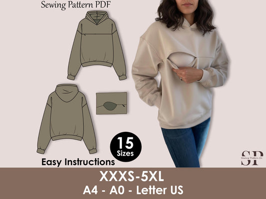 Nursing Hoodie Sewing Pattern PDF | Women’s Breastfeeding Hoodie | Easy Zip Access | Winter Hoodie Pattern