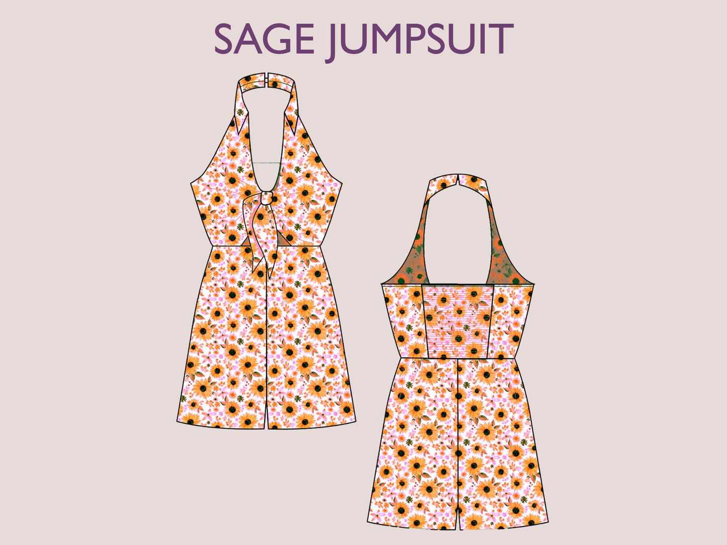 SAGE Jumpsuit - bow tie playsuit | Deep V Neckline | Women short jumpsuit collar with  pattern| Sleeveless , Short dress| sewing Pattern PDF