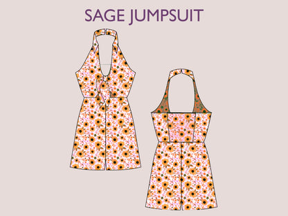 SAGE Jumpsuit - bow tie playsuit | Deep V Neckline | Women short jumpsuit collar with  pattern| Sleeveless , Short dress| sewing Pattern PDF