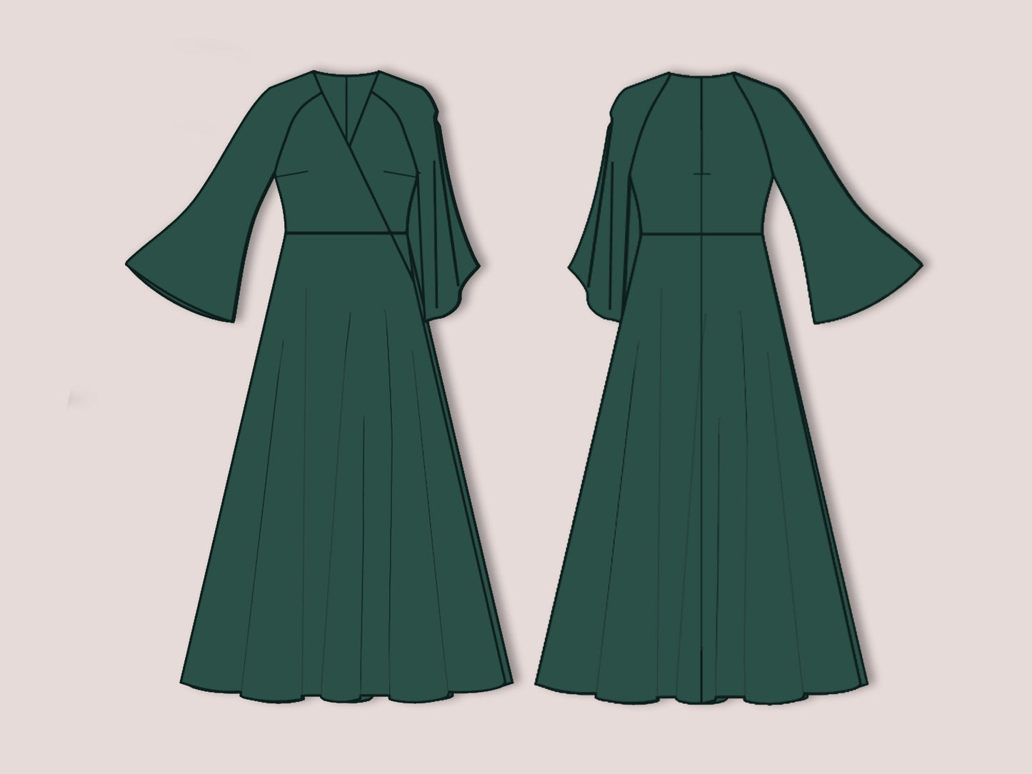Maxi Wrap Dress Sewing Pattern PDF | Long Bell Sleeve Dress XS-3XL | Elegant Evening Gown Pattern