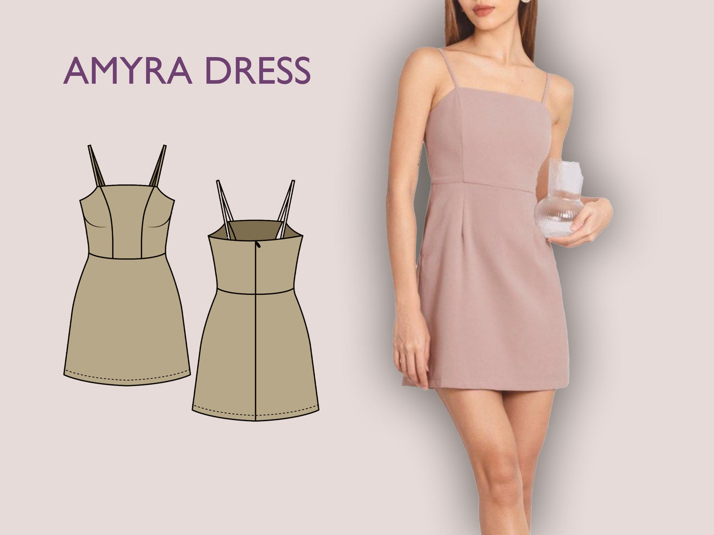 AMYRA Mini Dress Sewing Pattern: Straight Neckline, Fitted Bodice (PDF Download)