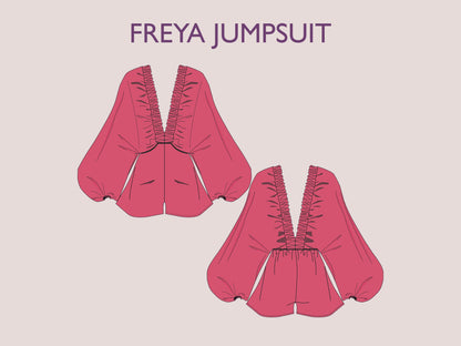 FREYA Jumpsuit - Bustier pattern | Deep V Neckline | Women skirt jumpsuit pattern| Puffy Sleeves, short dress| sewing Pattern PDF long puff
